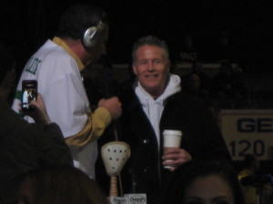 76ers coach Brett Brown, right, with Angelo Cataldi got a warm ovation from the capacity crowd. His coffee fueled him through the early-morning interview. Hopefully it was warm also. - photo by James "Jimmers" Margerum