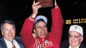 Fregosi (center) celebrates the Phillies 1993 NL pennant with GM Lee Thomas (left) and president Bill Giles. - photo credit mlb.com