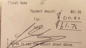 A copy of this receipt was issued to the media and shows that Shady left a 20-cent tip on a bill of more than $60. 