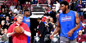 Embiid (right) is reportedly able to do more activities after recently needing to be placed back in a boot. Photo Credit: Philadelphia 76ers